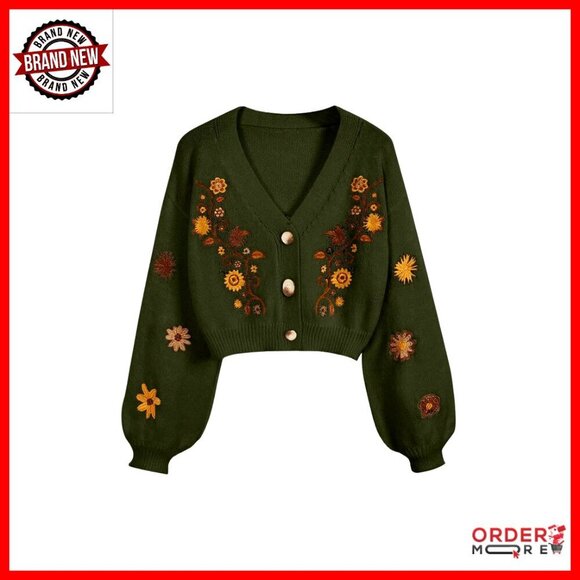 Sweaters - Cropped Floral Cardigan Sweater with Embroidery, Button Front, Long Sleeve